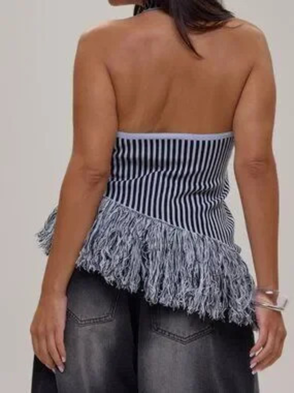 Multicolor Casual Women's Backless Button Fringe Halter Knitted Top